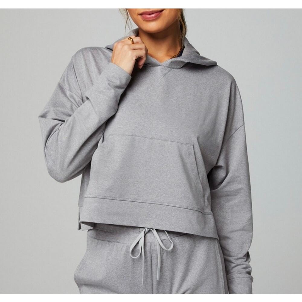 Fabletics Cloud Jersey Cropped Pullover Hoodie Sweatshirt Gray Size L Loose Fit